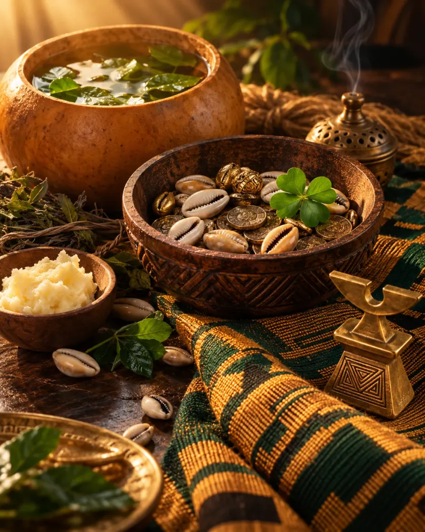 Coupe de cauris et de pièces avec un trèfle, poids en laiton et tissu kente